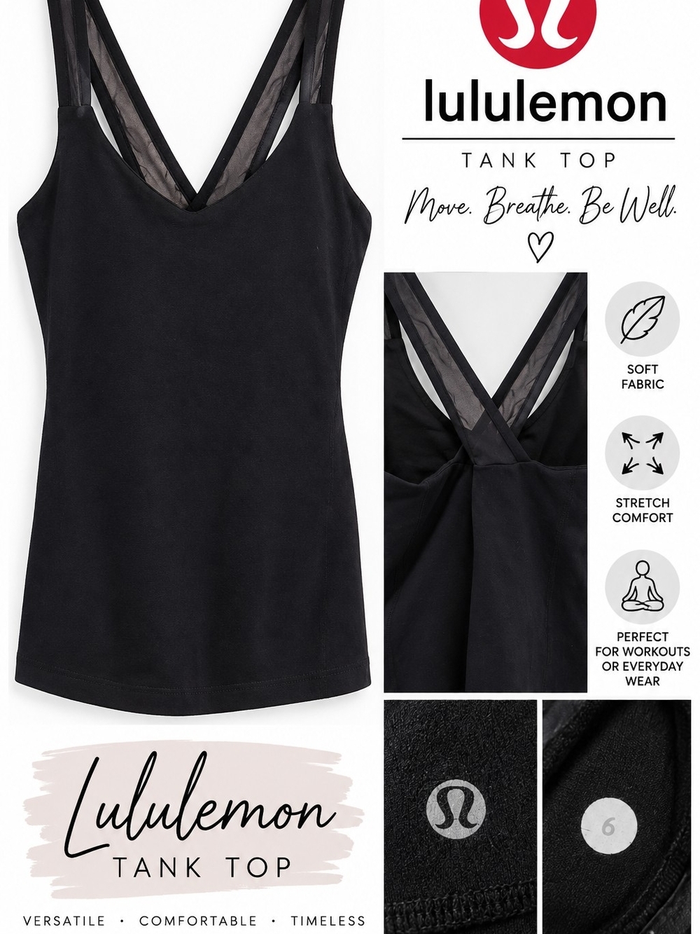 Lululemon Women's Black Tank Top with Mesh Straps